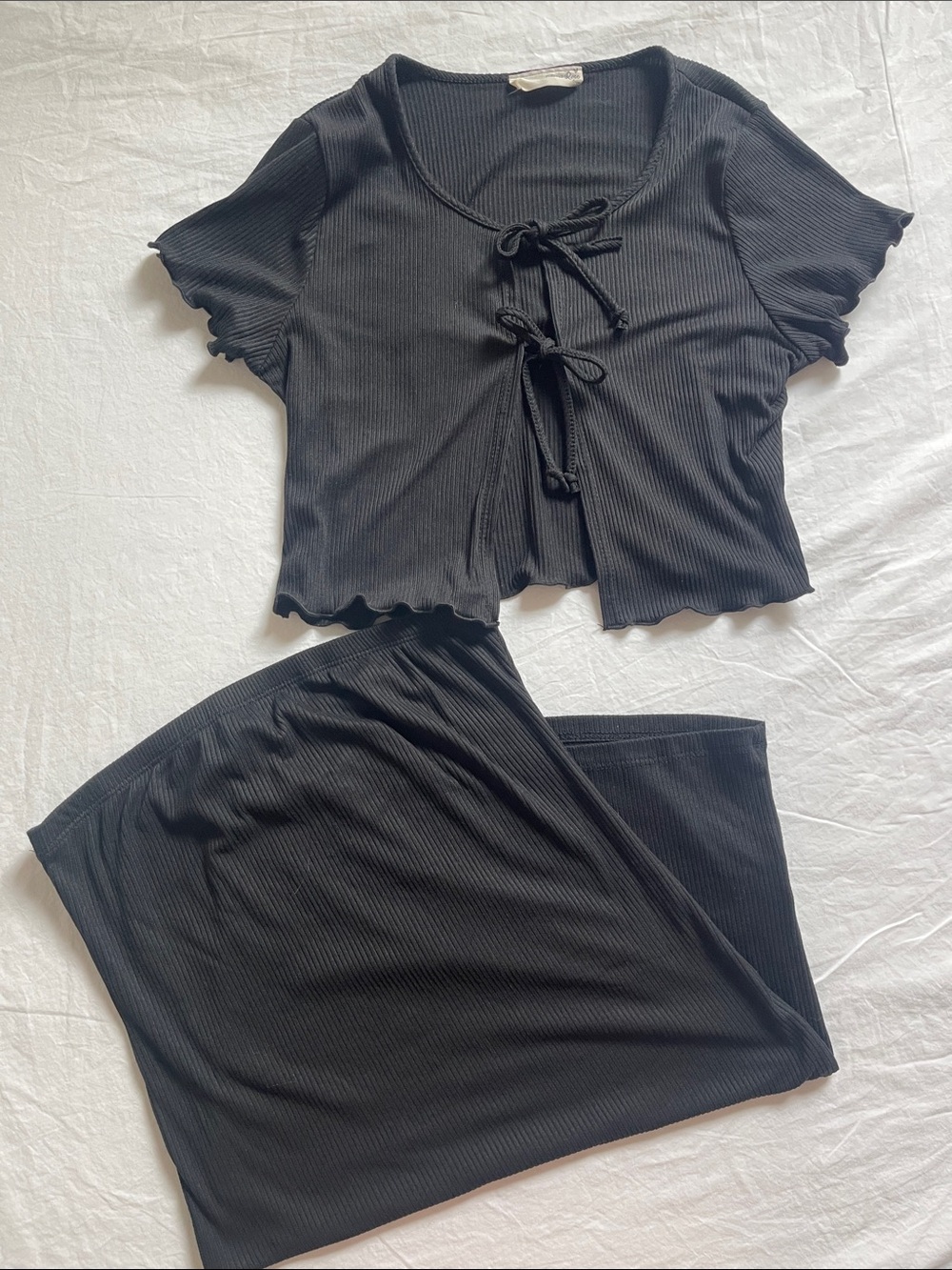 Ribbed Black Tie-Front Top & Skirt Set